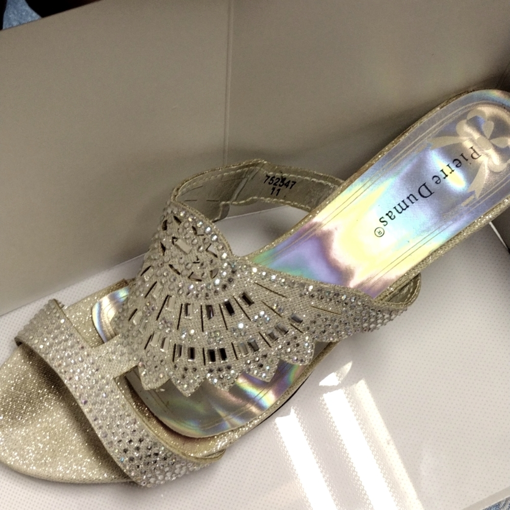 Pierre Dumas Size 11M Silver Crystal Open Toed 3 inch Stiletto Heels